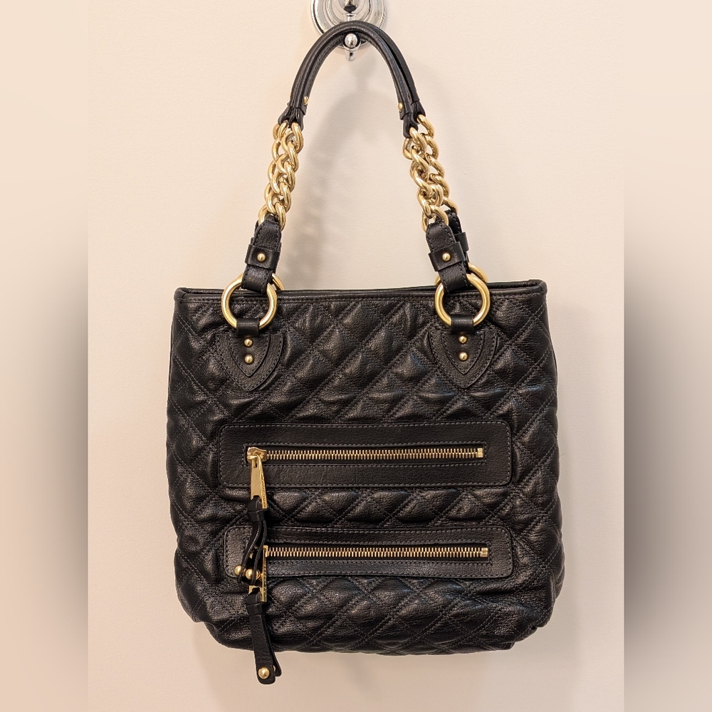 Marc Jacobs Y2K Quilted Black Leather Tote Shoulder Bag Gold Chain Handbag